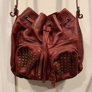 FRYE large dark red leather cross body bag with gold studs